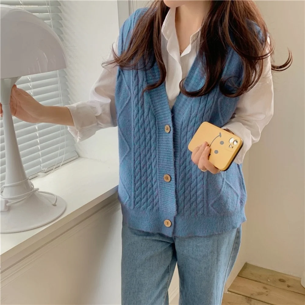 Korean Vintage V-Neck Knitted Sweater Vest - Blue - Picture 1 of 10